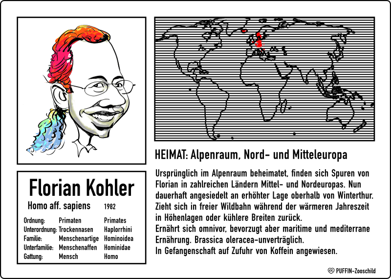 Zoo-Schild. Oben links: Karikatur von Floh mit bunten Haaren. Oben rechts: eine gestreifte stylisierte Mercator-Karte der Erde mit rot markierten Bereichen in Nord- und Mitteleuropa. Unten links: die Klassifizierung von Florian Kohler als Homo aff. sapiens, 1982 entdeckt. Ordnung: Primaten / Primates. Unterordnung: Trockennasen / Haplorrhini. Familie: Menschenartige/Hominoidea. Unterfamilie: Menschenaffen/Hominidea. Gattung: Mensch/Homo. Unten rechts: Beschreibender Text Heimat: Alpenraum, Nord- und Mitteleuropa. Ursprünglich im Alpenraum beheimatet, finden sich Spuren von Florian in zahlreichen Ländern Mittel- und Nordeuropas. Nun dauerhaft angesiedelt an erhöhter Lage oberhalb von Winterthur. Zieht sich in freier Wildbahn während der wärmeren Jahreszeit in Höhenlagen oder kühlere Breiten zurück. Ernährt sich omnivor, bevorzugt aber maritime und mediterrane Ernährung. Brassica oleracea-unverträglich. In Gefangenschaft auf Zufuhr von Koffein angewiesen.